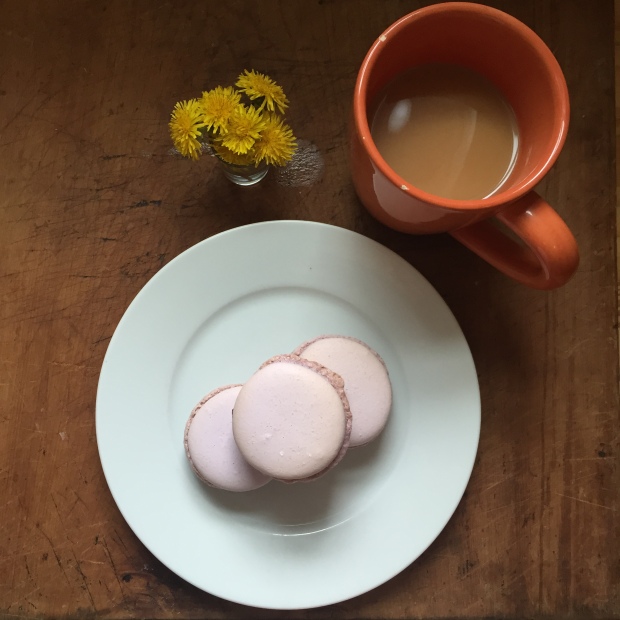 handpicked flowers by little guys, macarons and coffee...perfection